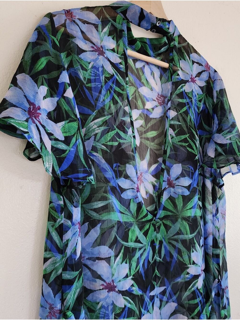 Forever 21 Sheer Floral Mock Neck Open Back Tie Waist Mini Dress - Picture 14 of 15
